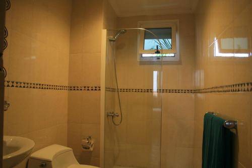 a bathroom with a shower and a toilet and a sink at Seven beaches Palmeral in Punta Cana