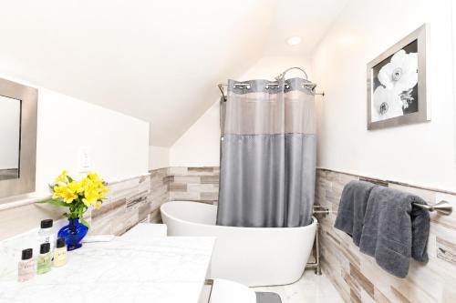 a bathroom with a shower curtain and a toilet at Willough Bed and Breakfast in Conshohocken