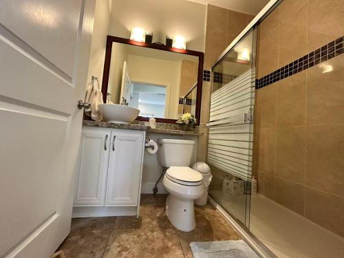 a bathroom with a toilet and a sink and a mirror at Spacious 2 Bedroom Suite in Burnaby Free Parking, Full Kitchen, Near Transit in Burnaby