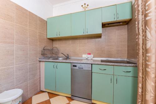 eine Küche mit blauen Schränken und einer Spüle in der Unterkunft Casa Dudu in Moieciu de Jos