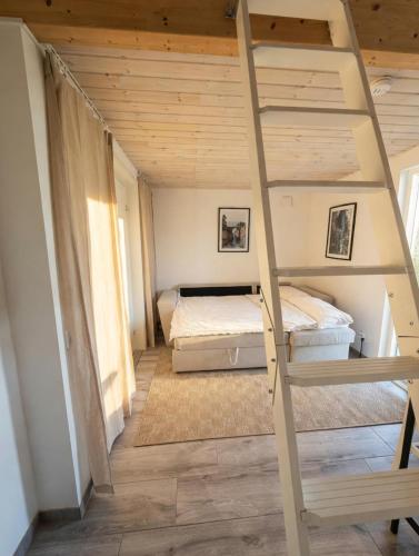 a bedroom with a bunk bed and a ladder at Villa Söderläget in Laholm