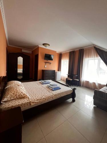 a bedroom with a large bed in a room with windows at Admiral in Koblevo