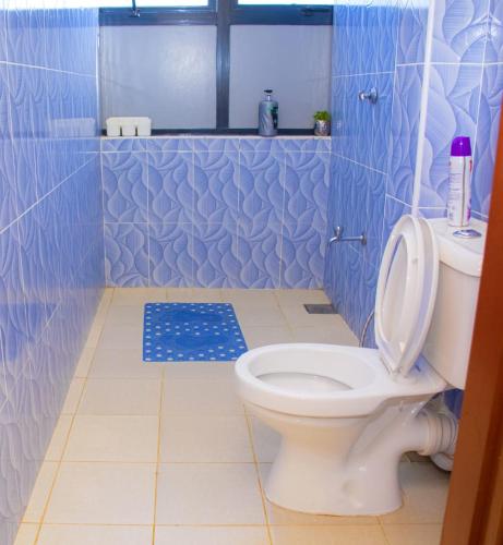 a bathroom with a toilet and a blue tiled shower at Mystic cabins in Nyeri