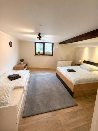 a room with two beds and a window at Gemütliche Ferienwohnung in Hackenheim