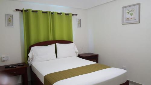 a bedroom with a bed with a green curtain at Hotel Rosangel in Estero Hondo