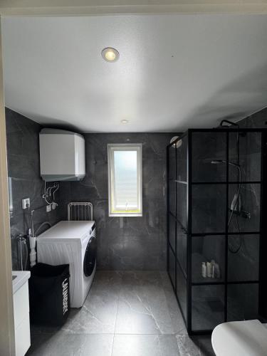 a bathroom with a toilet and a sink and a window at Villa Söderläget in Laholm
