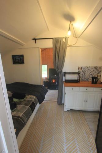 a bedroom with a bed and a desk in a room at Forest Shed in Åsele