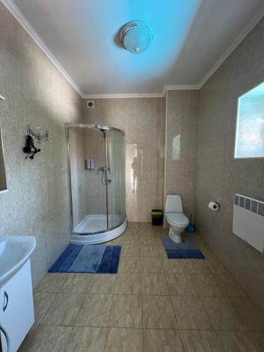 a bathroom with a shower and a toilet at Admiral in Koblevo