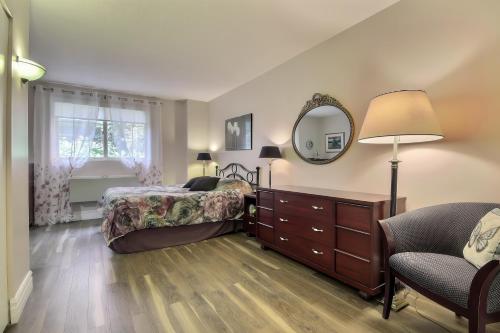 a bedroom with a bed and a dresser and a mirror at Saint Sauveur Dream in Saint-Sauveur-des-Monts
