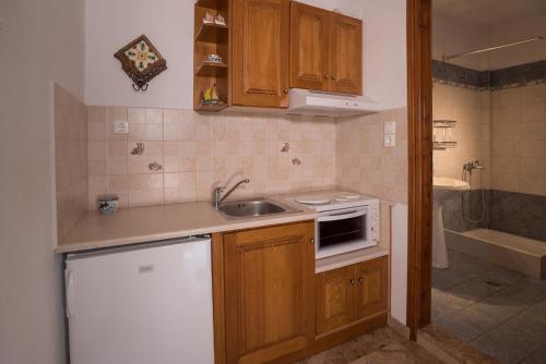 a small kitchen with a sink and a microwave at Traditional Mansion Kliaris in Ayía Kiriakí