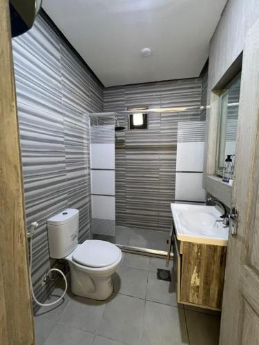 a bathroom with a toilet and a sink at Al Salty in Tall ar Rāmah