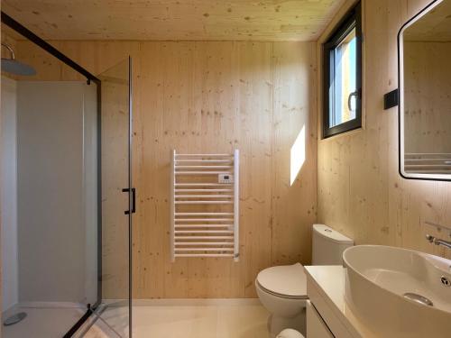 a bathroom with a shower and a toilet and a sink at Chez Tib in Trégunc