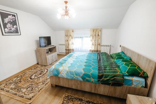 a bedroom with a large bed and a television at Cabana Colț de liniste in Feldru