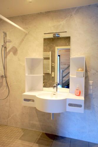a bathroom with a sink and a mirror at Ferienhäuser Ilsensee Schillingsfürst in Schillingsfürst