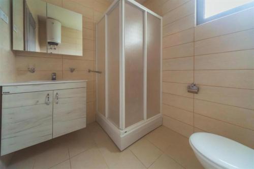 a bathroom with a shower and a sink and a toilet at Hotel Solaris in Čanj