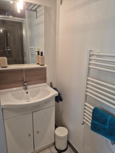 a white bathroom with a sink and a mirror at Maison au calme 2 chambres centre de Caen in Caen
