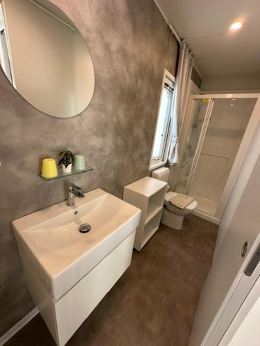 a bathroom with a white sink and a mirror at Camping & Resort Valle Romantica in Cannobio