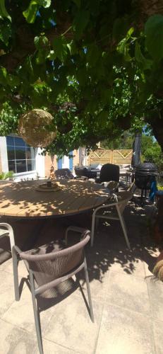a picnic table and a chair under a tree at Gites Colline De Sollies in Salernes