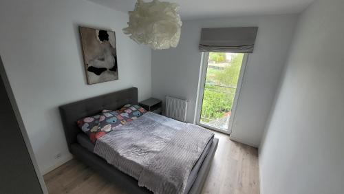 a small bedroom with a bed and a window at Apartament Mickiewicza in Staszów