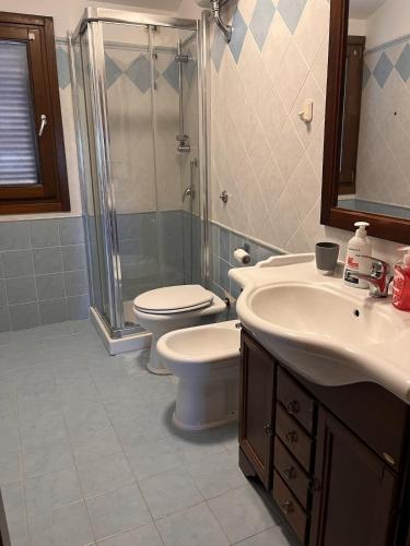 a bathroom with a toilet and a sink and a shower at Alma's house in Donigala Fenughedu