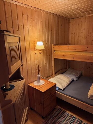 a small room with a bunk bed in a cabin at Lakeside cabin in Snofugl