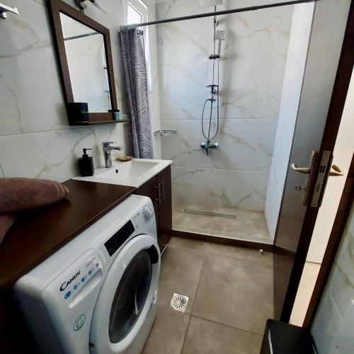 a washing machine in a bathroom with a shower at Baloma Apartment in Falasarna