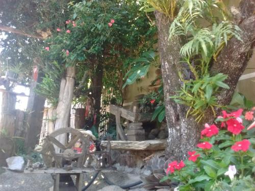 a garden with flowers and a swing and a tree at Hotel Dal Gobo in Ponta Grossa