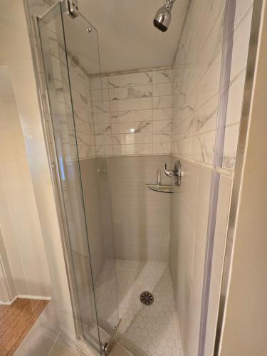 a bathroom with a shower with a glass door at Cozy Sanctuary in Saltspring Island