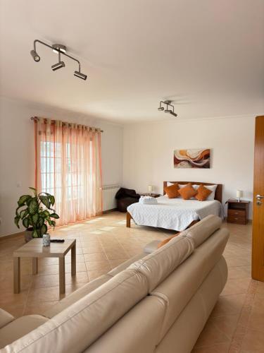 a living room with a couch and a bed at Vivenda Godinho in Nazaré