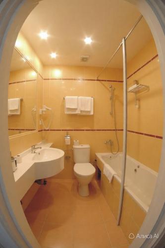 a bathroom with a toilet and a tub and a sink at Aladin Praha in Prague