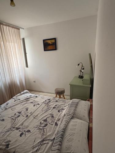 a bedroom with a bed and a desk and a window at Tara Apartment in Herceg-Novi