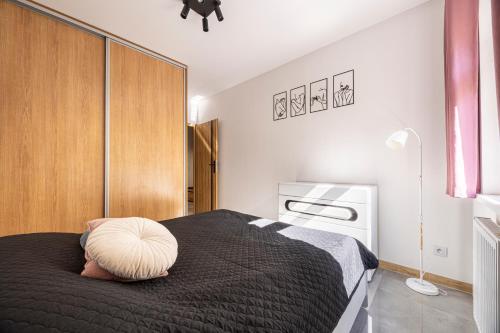 a bedroom with a bed with a pillow on it at Świętego Mikołaja 14 Centrum in Głogów