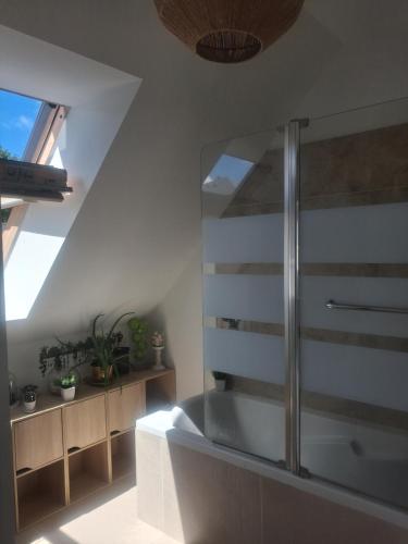 a bathroom with a shower with a glass door at Maison ensoleillée plage a pied in Houlgate