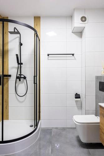 a bathroom with a shower and a toilet at Świętego Mikołaja 14 Centrum in Głogów