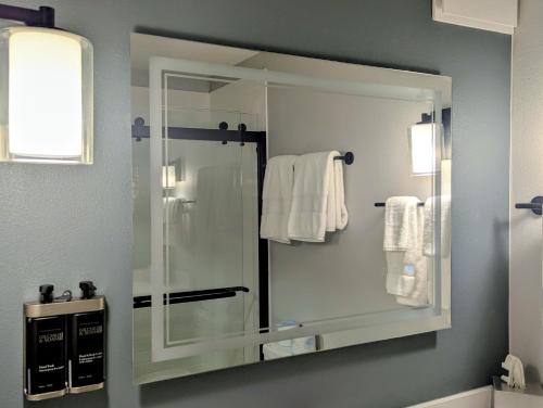 a mirror in a bathroom with a glass shower at The Hotel Vue in Natchez