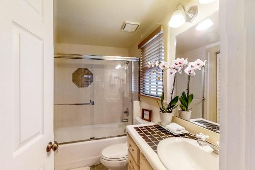 a bathroom with a shower and a sink and a toilet at Fish, Hike & Unwind! Quiet Haven in Steinhatchee in Steinhatchee