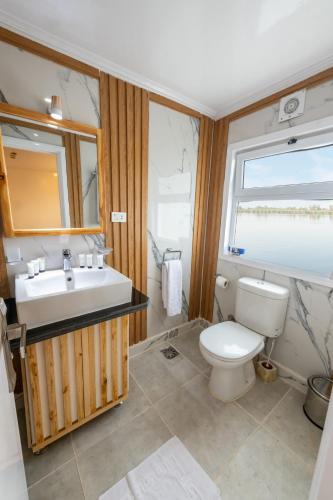 a bathroom with a toilet and a sink and a window at Crociera sul Nilo Luxury in Luxor