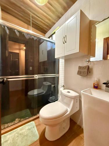 a bathroom with a toilet and a shower and a sink at Secret Hideaway in Guápiles