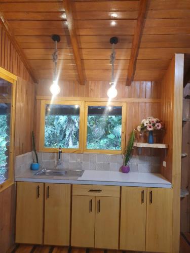 a kitchen with a sink and two windows at Finca Las Palmas Ecolodge in Puyo