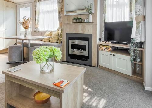 a living room with a fireplace and a tv at Gorselands Caravan Park in Dorchester