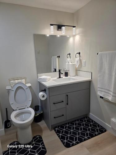 a bathroom with a white toilet and a sink at Executive Luxury Suite Unit B in Regina