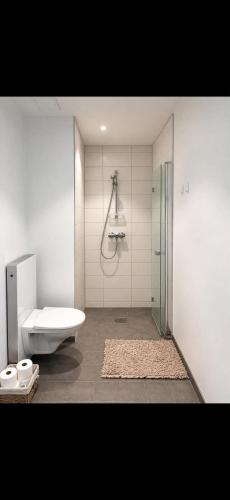 a white bathroom with a shower and a toilet at Rekkehus i Sandnes in Stavanger