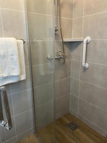 a shower with a glass door in a bathroom at Muckross Riding Stables in Killarney