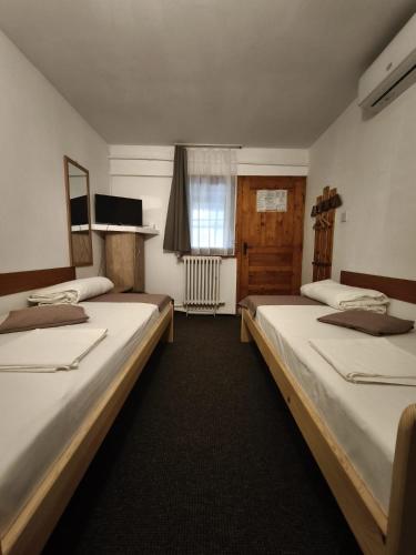 a room with two beds and a window at Pensiunea Irina in Brad