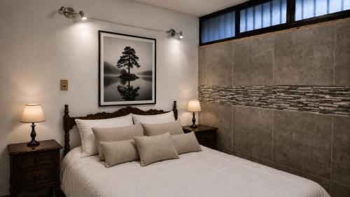 a bedroom with a large white bed with two lamps at Nova in Mendoza