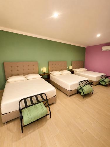 two beds in a room with green and purple walls at Puul Suites in Mérida