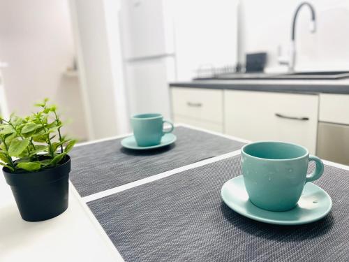 two coffee cups and a potted plant on a kitchen counter at MBZ Apartments #1 - 1 Bedroom, Private Parking & Air Conditioning in Roman