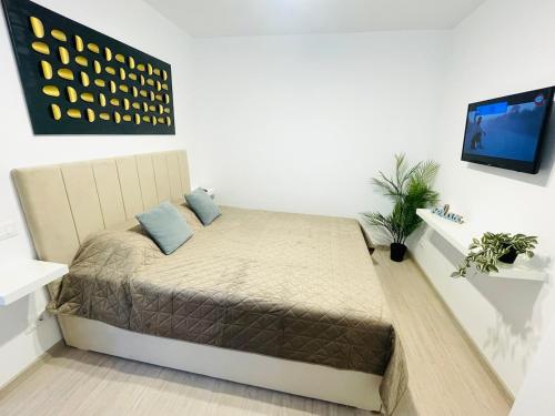 a bedroom with a bed and a flat screen tv at MBZ Apartments #1 - 1 Bedroom, Private Parking & Air Conditioning in Roman