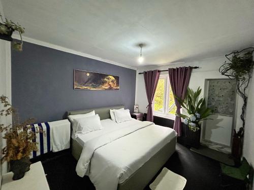 a bedroom with a large bed and a blue wall at Hidden Treasure in Nuwara Eliya