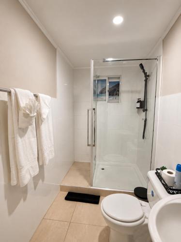 a white bathroom with a shower and a toilet at Valfe Apartments in Palm-Eagle Beach